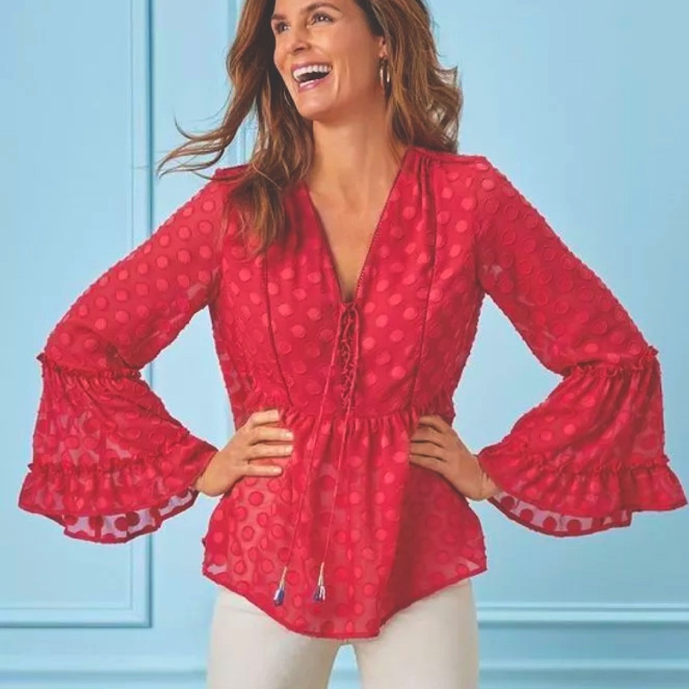Soft Surroundings Women’s Besito Red Polka Dot Bell Sleeve Blouse Size Large